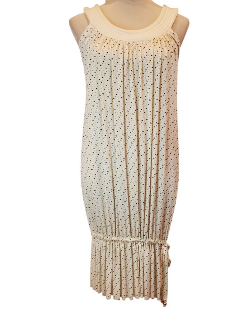 NEW JULIANA JABOUR UNIQLO SZ M Stretch Knit Gathered Dress Ivory Triangle Print